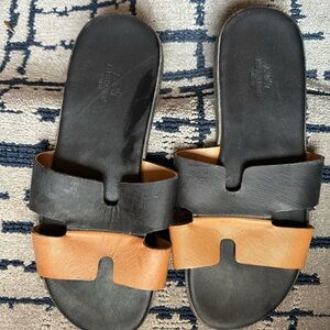 Hermes Two-Tone Black and Tan Slide Sandals